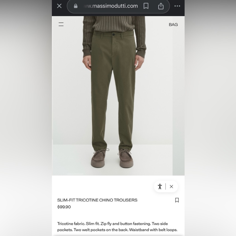 MASSIMO DUTTI ZARA SLIM-FIT BRUSHED COTTON KHAKIS CHINOS PANTS TROUSERS SIZE 30.